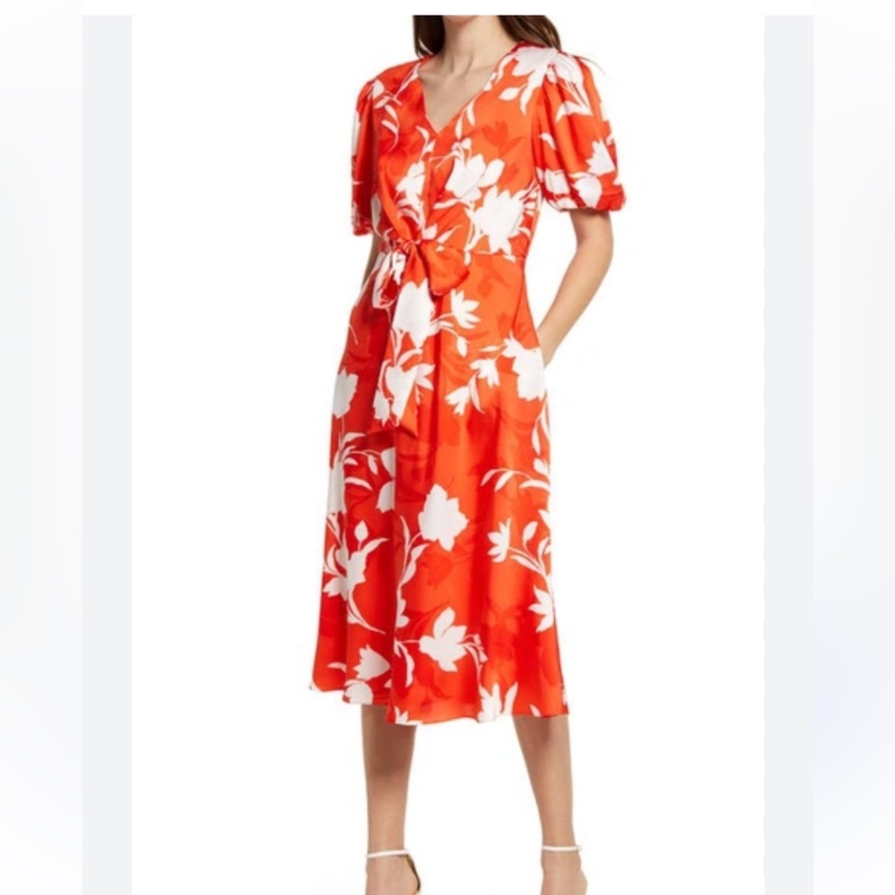 NWT Julia Jordan orange and White Floral puff sleeve Midi Dress